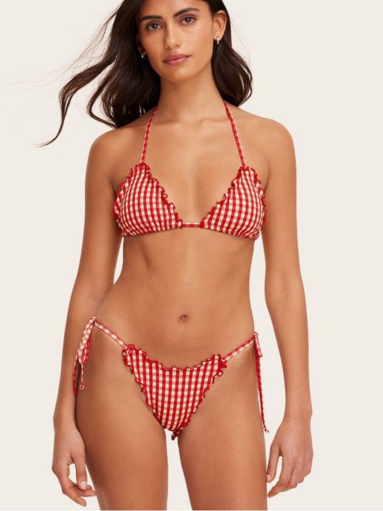 Women's Lettuce Edge String Bikini Bottom - Parke X Target Red Gingham Check